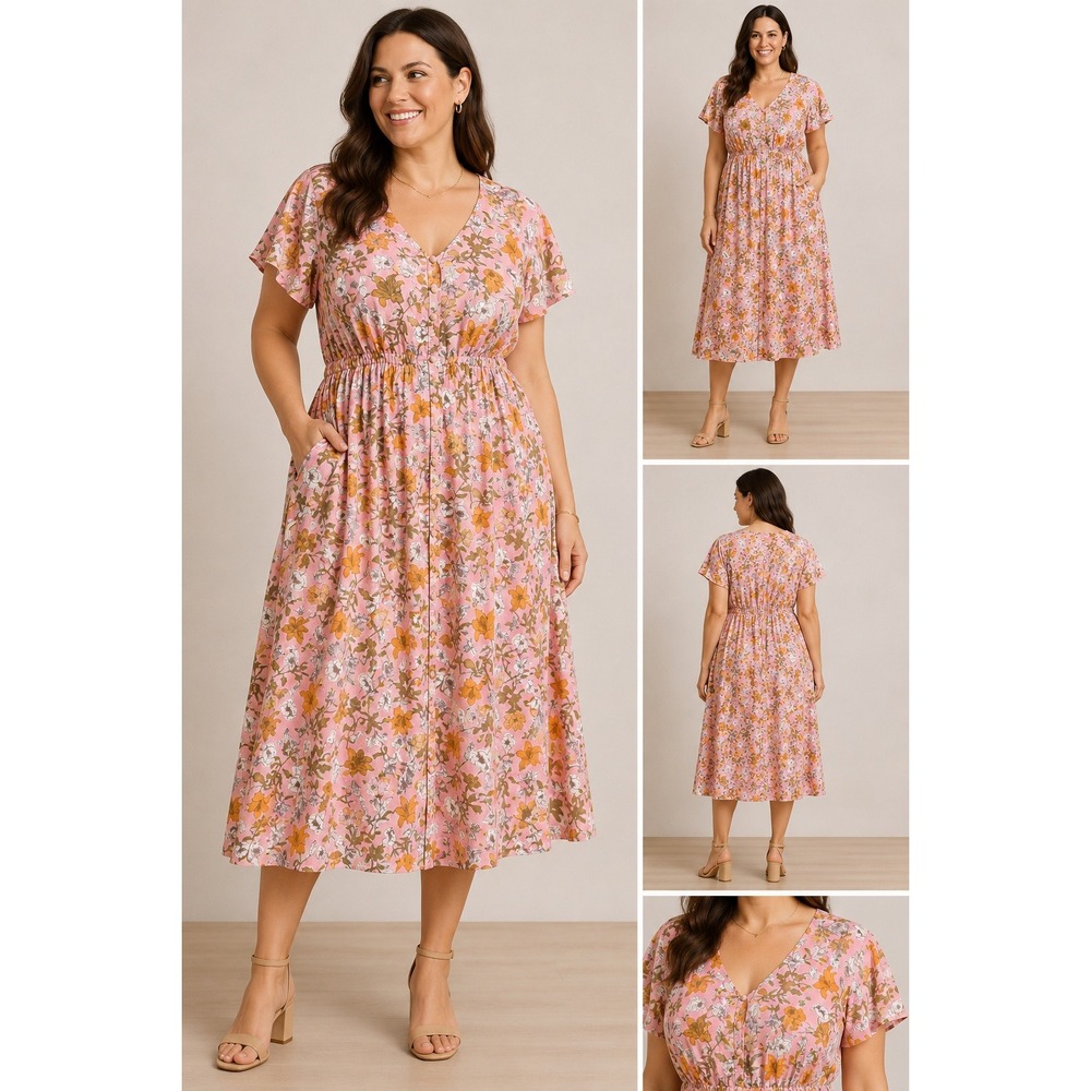 Cynthia Rowley Pink Floral Linen Blend Midi Dress Button Front V-Neck Pockets 14
